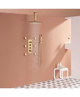 Brushed Gold Celling Mount Thermostatic Rain Shower System with Handheld and Wall Body Jets 3 Functions Faucet