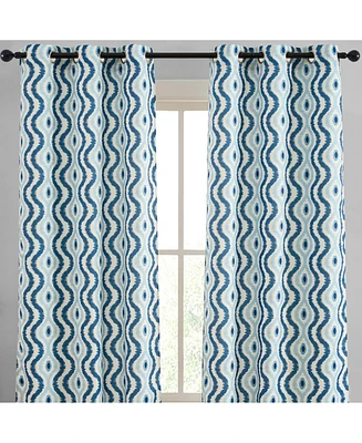 Hlc.me Tanner Ogee Ikatt Damask Patterned Window Grommet Curtains Bedroom - Light Blocking Darkening Window Panels, Set of 2 (Blue