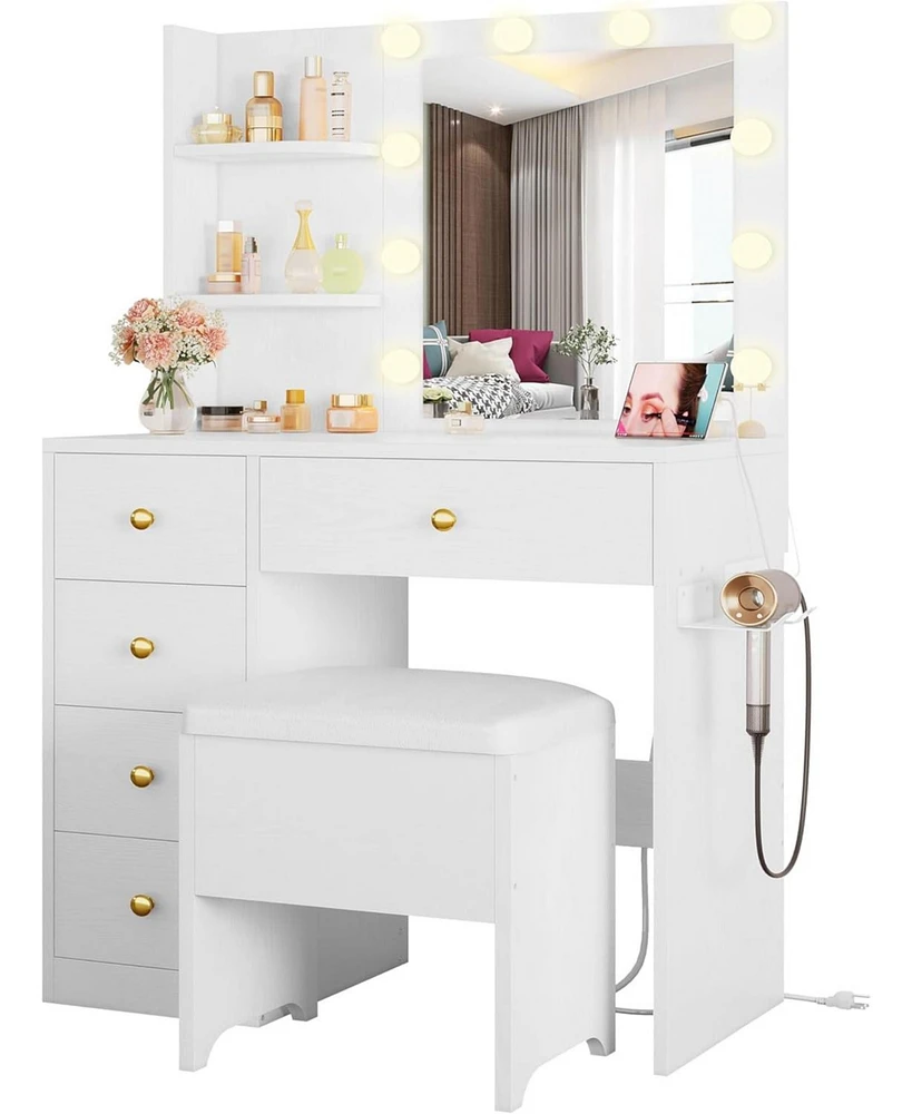 Vanity Desk with Mirror and Lights, Small Makeup Vanity Table with 5 Drawers