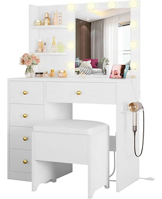 Vanity Desk with Mirror and Lights, Small Makeup Vanity Table with 5 Drawers