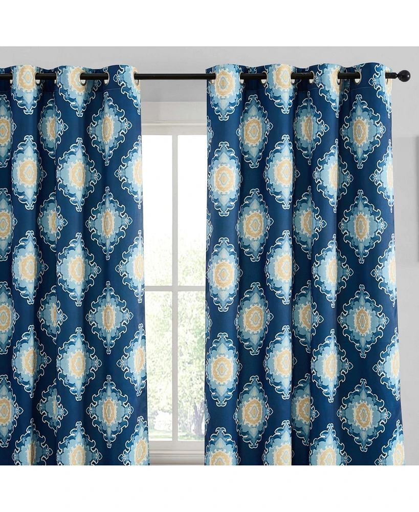 Hlc.me Liam Ogee Ikatt Damask Patterned Window Grommet Curtains Bedroom - Light Blocking Darkening Window Panels, Set of 2 (Navy Blue