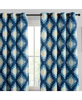 Hlc.me Liam Ogee Ikatt Damask Patterned Window Grommet Curtains Bedroom - Light Blocking Darkening Window Panels, Set of 2 (Navy Blue