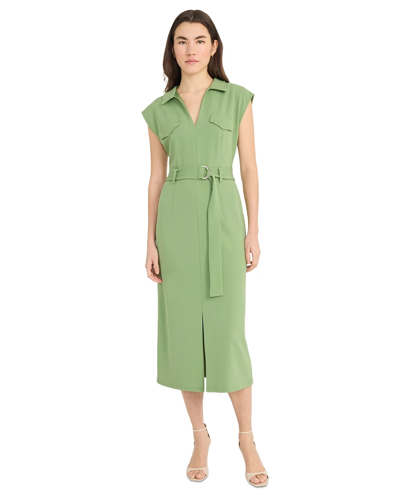 Donna Morgan Women's Belted Split-Neck Midi Dress