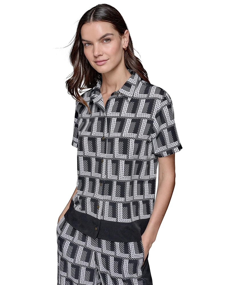 Karl Lagerfeld Paris Women's Geometric-Print Short Sleeve Button-Front Top