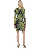 Dkny Petite Printed-Mesh Ruched-Side Bodycon Dress