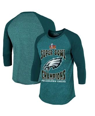 Majestic Threads Men's Midnight Green Philadelphia Eagles Super Bowl Lix Champions Choke Up 3/4-Sleeve Raglan Tri-Blend T-Shirt