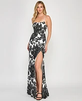 Crystal Doll Juniors' Floral Sequined Lace-Up-Back Gown