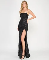 Crystal Doll Juniors' Sequined Lace-Up-Back Gown