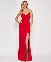 Crystal Doll Juniors' Rhinestone Lace-Up-Back Satin Gown