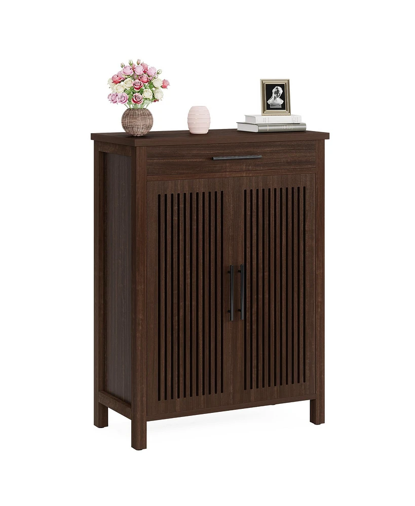 Tribesigns Shoe Cabinet, 5-Tier Shoe Storage Cabinet with Louvered Doors and Drawer, Freestanding Wooden Shoe Rack Organizer with Adjustable Shelves f