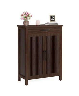Tribesigns Shoe Cabinet, 5-Tier Shoe Storage Cabinet with Louvered Doors and Drawer, Freestanding Wooden Shoe Rack Organizer with Adjustable Shelves f