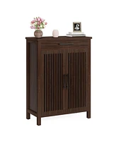 Tribesigns Shoe Cabinet, 5-Tier Shoe Storage Cabinet with Louvered Doors and Drawer, Freestanding Wooden Shoe Rack Organizer with Adjustable Shelves f