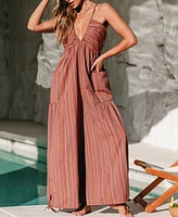 Cupshe Women's Striped Plunge Loose Leg Jumpsuit