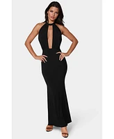 Bebe Women's Plunge Neck Halter Floor Length Dress