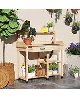 Outsunny Outdoor Garden Potting Bench Table with Hooks, Natural Wood