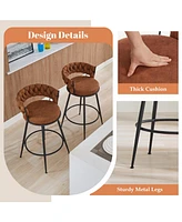 Dyhome 28 inch Bar Stools Set of 3, Modern Counter Height Stools, 360° Swivel Suede Fabric Stool Chairs with Woven Back and Footrest for Kitc