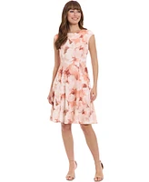 London Times Women's Floral Print Cap Sleeve Fit & Flare Dress