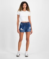 Indigo Rein Juniors' Distressed Drawstring Denim Shorts