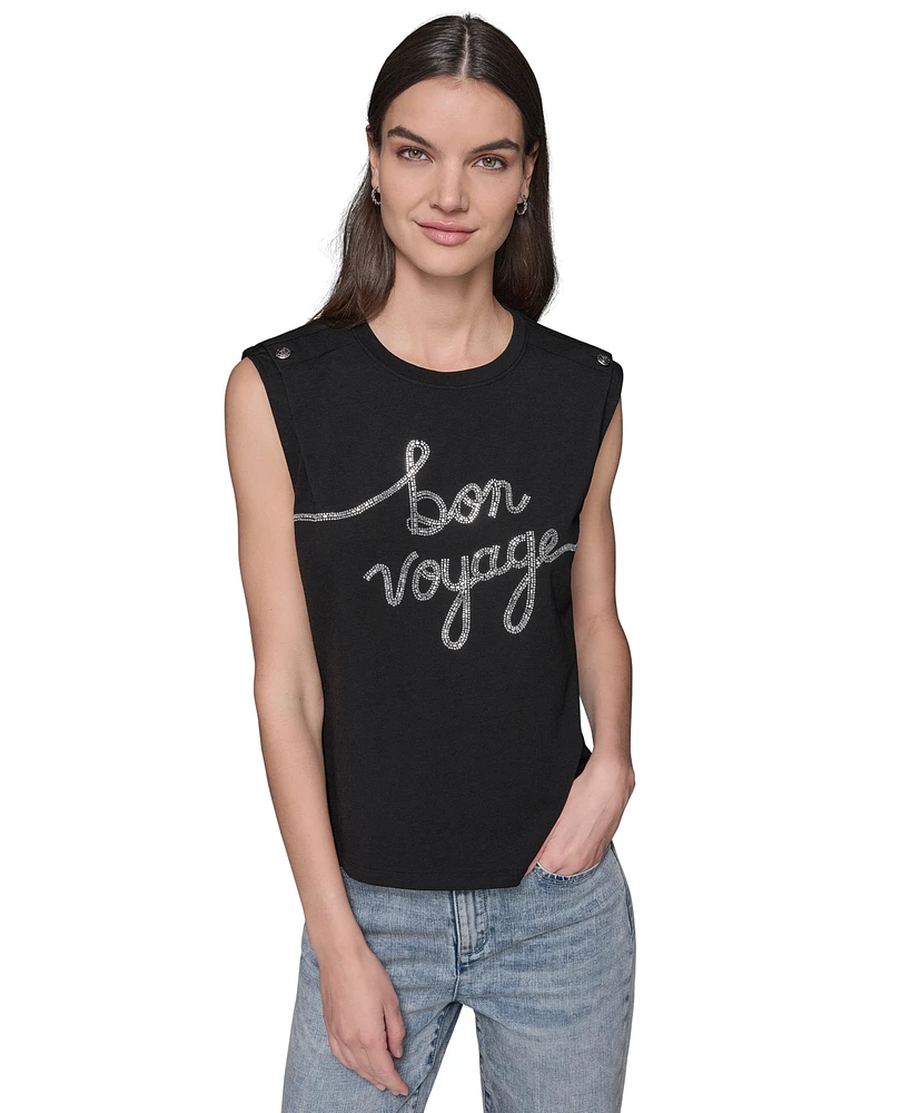 Karl Lagerfeld Paris Women's Embellished Sleeveless Button-Shoulder Tee
