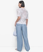 Dkny Womens Cotton Short Sleeve Crochet Sweater Chambray Wide Leg Pants