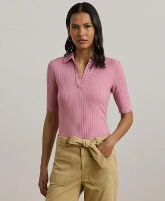 Lauren Ralph Women's Rib-Knit Elbow-Sleeve Polo Tee