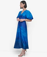 Dkny Women's Printed Satin Puff-Sleeve Midi Dress