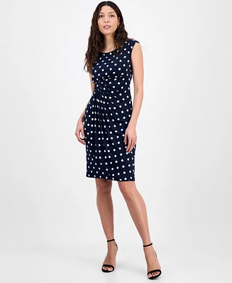 Connected Women's Gathered Faux-Wrap Polka-Dot Dress