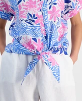 Charter Club Petite 100% Linen Floral-Print Tie-Front Shirt, Exclusively at Macy's