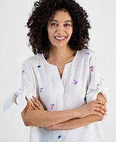 Charter Club Petite Floral-Embroidered Linen Tie-Sleeve Top, Exclusively at Macy's