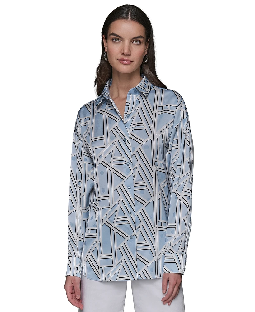 Karl Lagerfeld Paris Women's Satin Geo-Print Oversized Button-Front Top