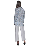 Karl Lagerfeld Paris Women's Satin Geo-Print Oversized Button-Front Top