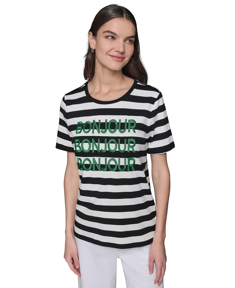 Karl Lagerfeld Paris Women's Striped Bonjour Tee