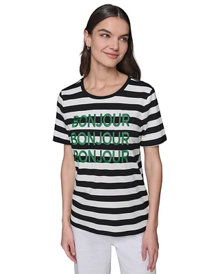 Karl Lagerfeld Paris Women's Striped Bonjour Tee