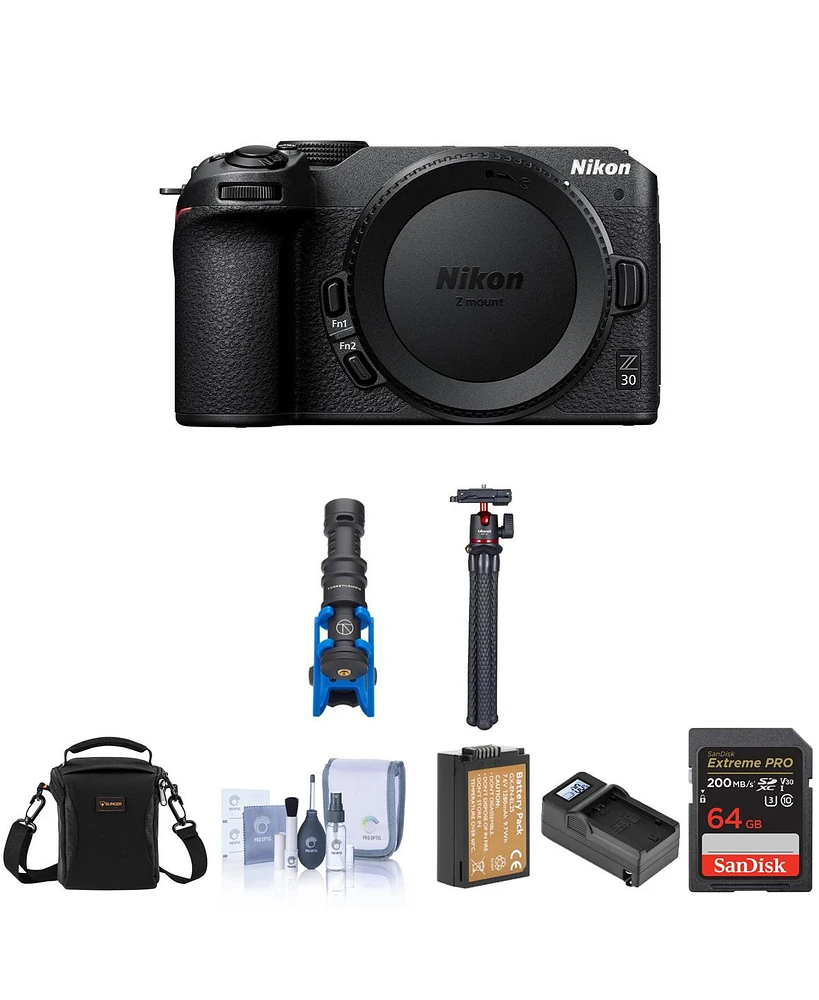 Nikon Z 30 Dx-Format Mirrorless Camera Bundle with 64GB Sd Card, Shoulder Bag, Shotgun Microphone, Tripod, Extra Battery, Smart Charger, Cleaning Kit