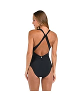 Sunshine 79 Women's One Piece Swimsuit Solids V Plunge Halter Twist Back