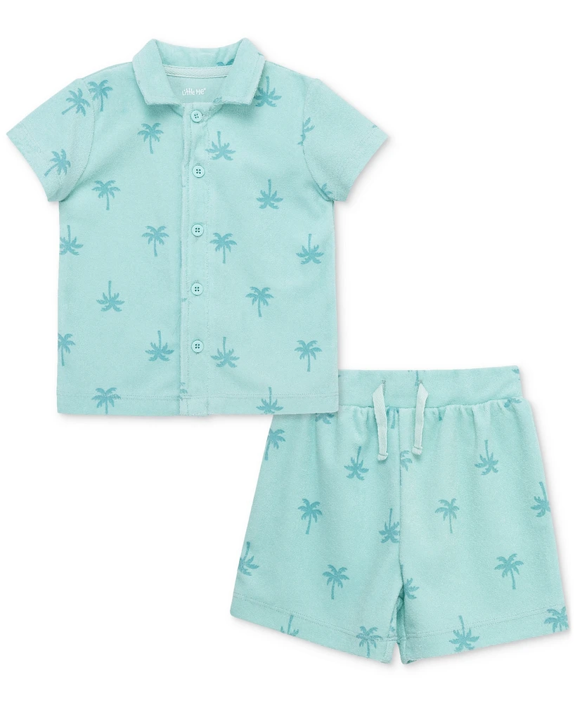 Little Me Baby Boys 2-Pc. Palm Tree Terry Button-Down Shirt & Shorts Set