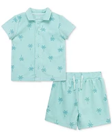 Little Me Baby Boys 2-Pc. Palm Tree Terry Button-Down Shirt & Shorts Set