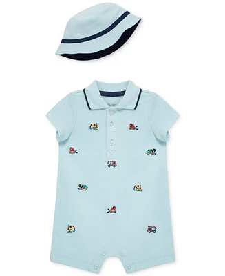 Little Me Baby Boys 2-Pc. Embroidered Trucks Romper & Bucket Hat Set