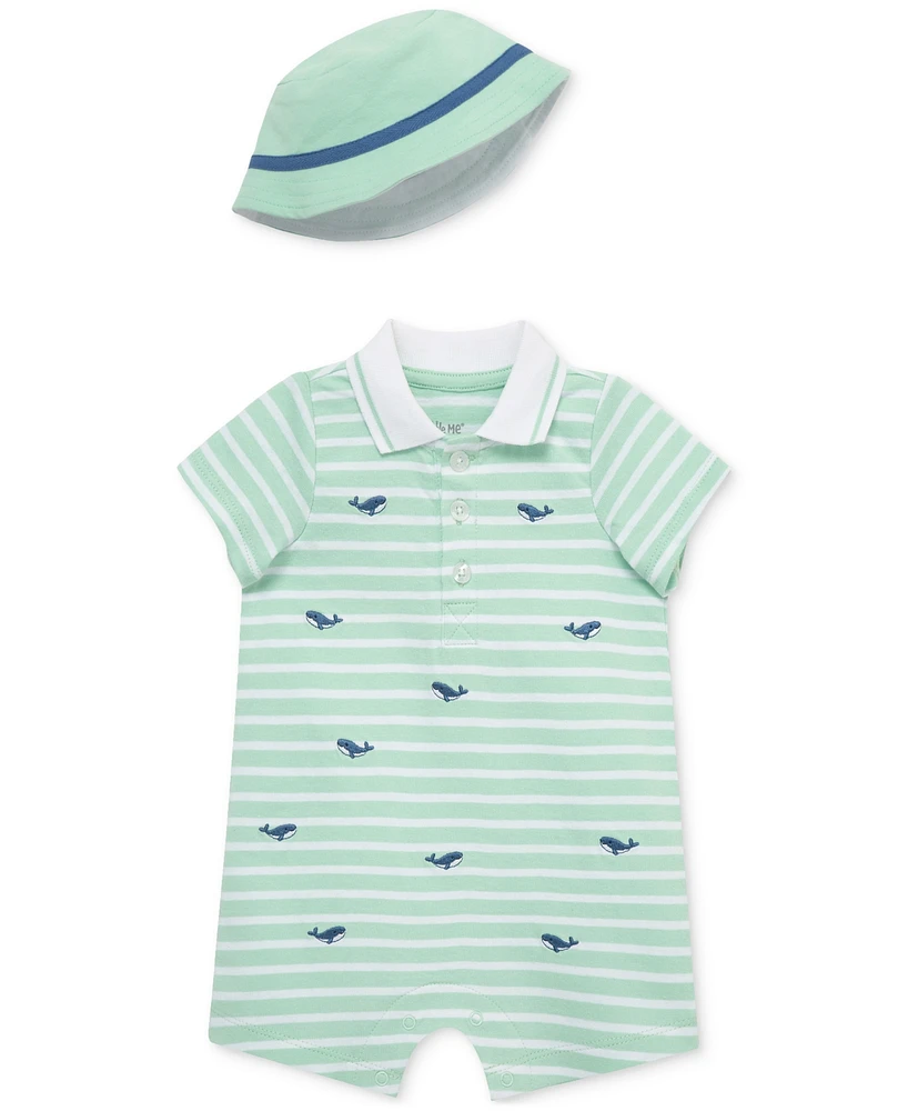 Little Me Baby Boys 2-Pc. Embroidered Whale Stripe Romper & Bucket Hat Set