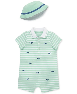 Little Me Baby Boys 2-Pc. Embroidered Whale Stripe Romper & Bucket Hat Set