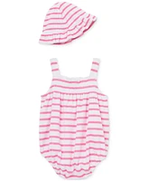 Little Me Baby Girls 2-Pc. Stripe Terry Bubble Romper & Bucket Hat Set