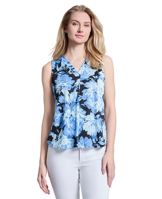 Jones New York Printed Moss Crepe V-Neck Pleat Front Shell Top