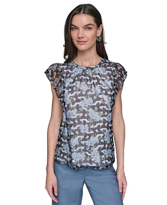 Karl Lagerfeld Paris Women's Mixed-Print Flutter-Sleeve Top