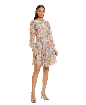 Mac Duggal Women's Floral Mesh Ruffle High Neck Mini Dress