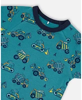 Deux par Big Boys Cotton Two-Piece Short Sleeve Top And Pant Pajama Set Teal With Yellow Truck