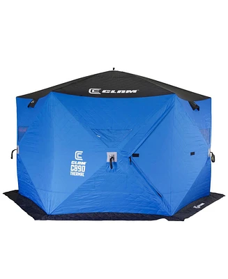 Clam C-890, 11.5 x 11.5 Foot Lightweight Portable Pop Up Ice Fishing Angler Thermal Hub Shelter Tent with Anchors, Tie Ropes, and Carrying Bag, Blue