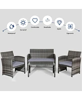 Gymax Set of 4 Rattan Furniture Set Conversation Glass Table Top Cushioned Sofa Patio