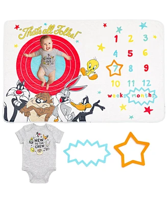 Looney Tunes Baby Boys Bodysuit and Monthly Milestone Blanket 4 Piece