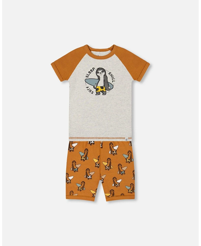 Deux par Baby Boys Cotton Two-Piece Short Pajama Set Sloths On Tan And Mottled Background