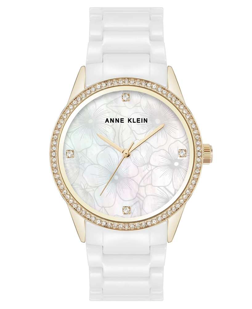 Anne Klein Women's Quartz White Ceramic Bracelet Floral Dial Watch, 34mm